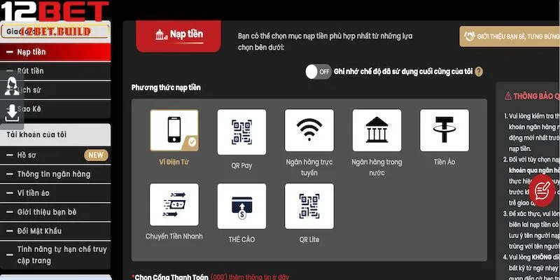 Quy trình nạp tiền 12bet cho các hình thức  